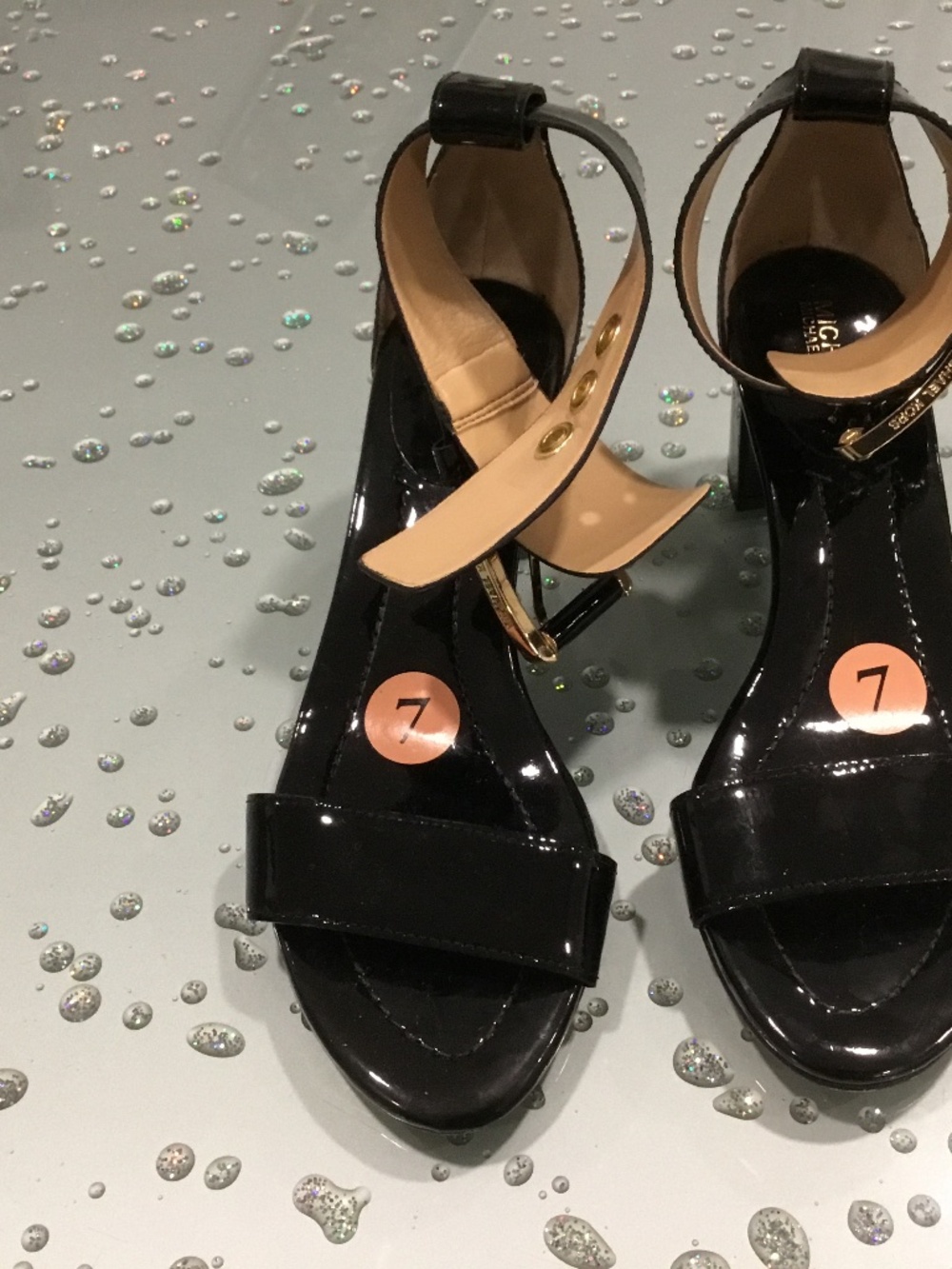 MICHAEL KORS black patent leather sandals, size 7 wide strap  2 inch heels.
